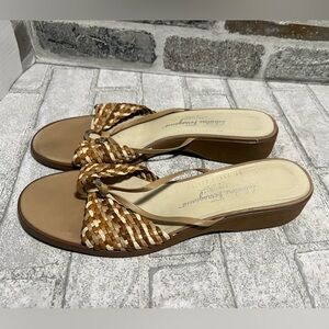 Salvatore Ferragamo Woven Tan, Brown & Cream Slide Sandals